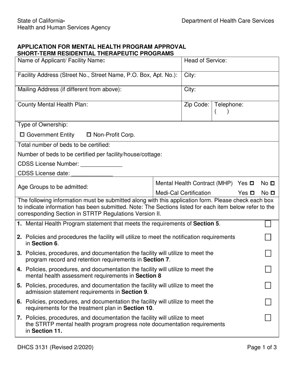 Form DHCS3131 Application for Mental Health Program Approval Short-Term Residential Therapeutic Programs - California, Page 1