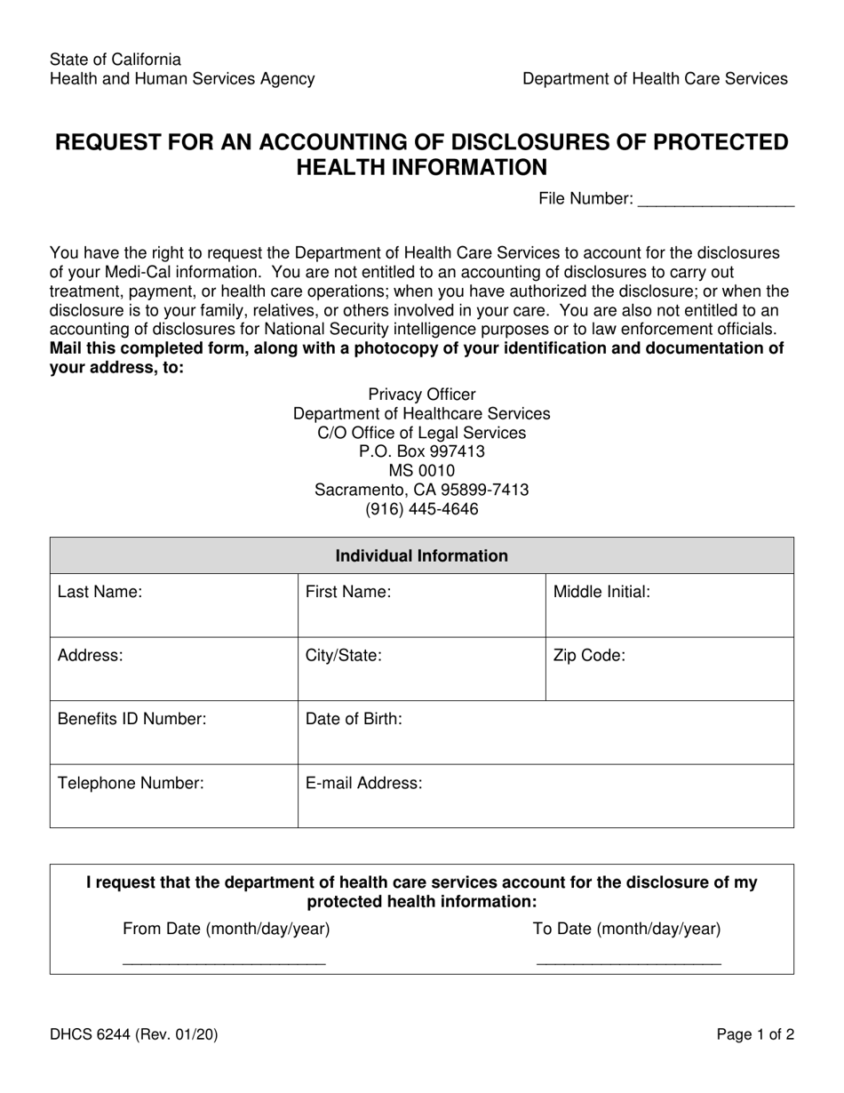 Form DHCS6244 Request for an Accounting of Disclosures of Protected Health Information - California, Page 1