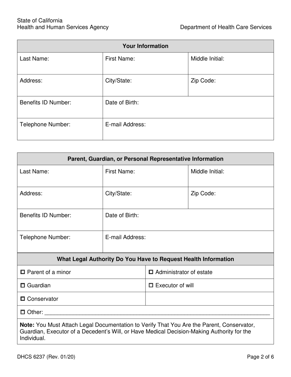 Form DHCS6237 Request to Access Protected Health Information by Parent, Guardian or Personal Representative - California, Page 2