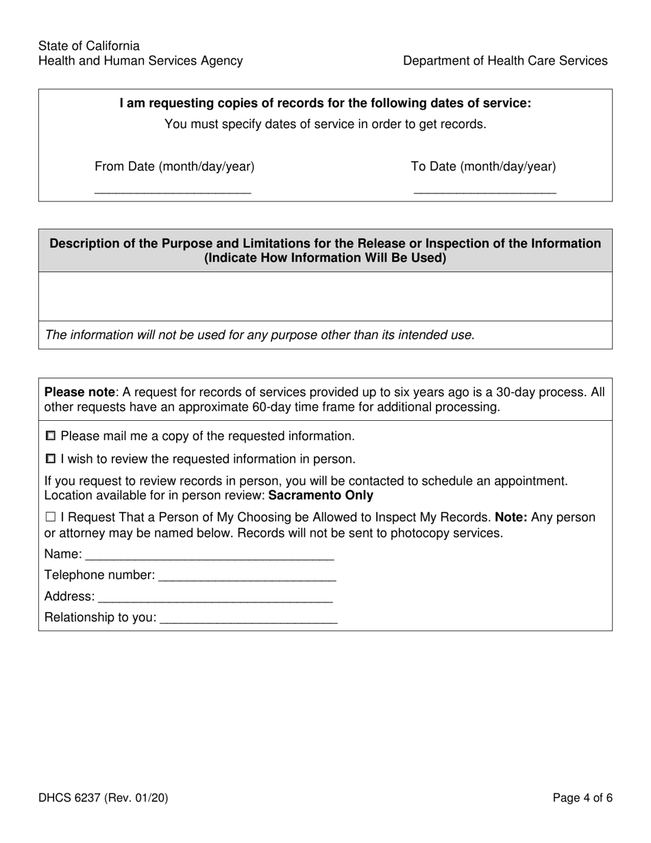 Form DHCS6237 Request to Access Protected Health Information by Parent, Guardian or Personal Representative - California, Page 4