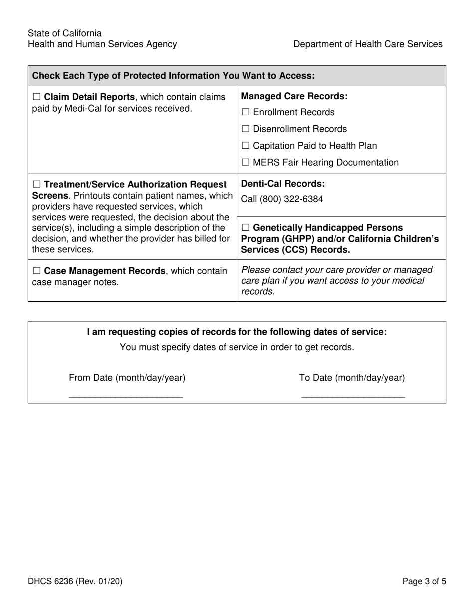 Form DHCS6236 Request for Access to Protected Health Information - California, Page 3