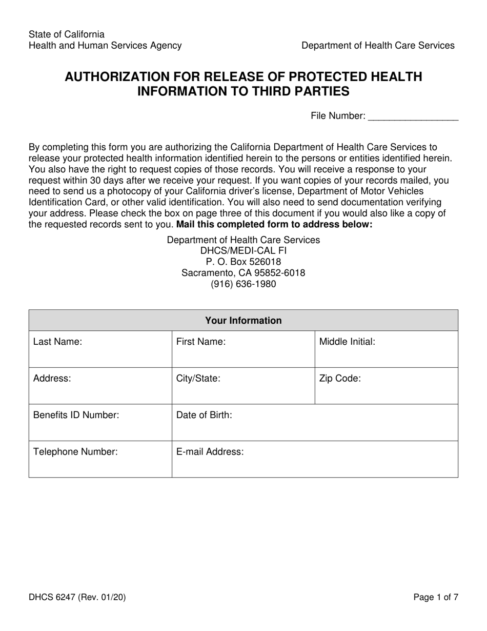 Form DHCS6247 Authorization for Release of Protected Health Information to Third Parties - California, Page 1