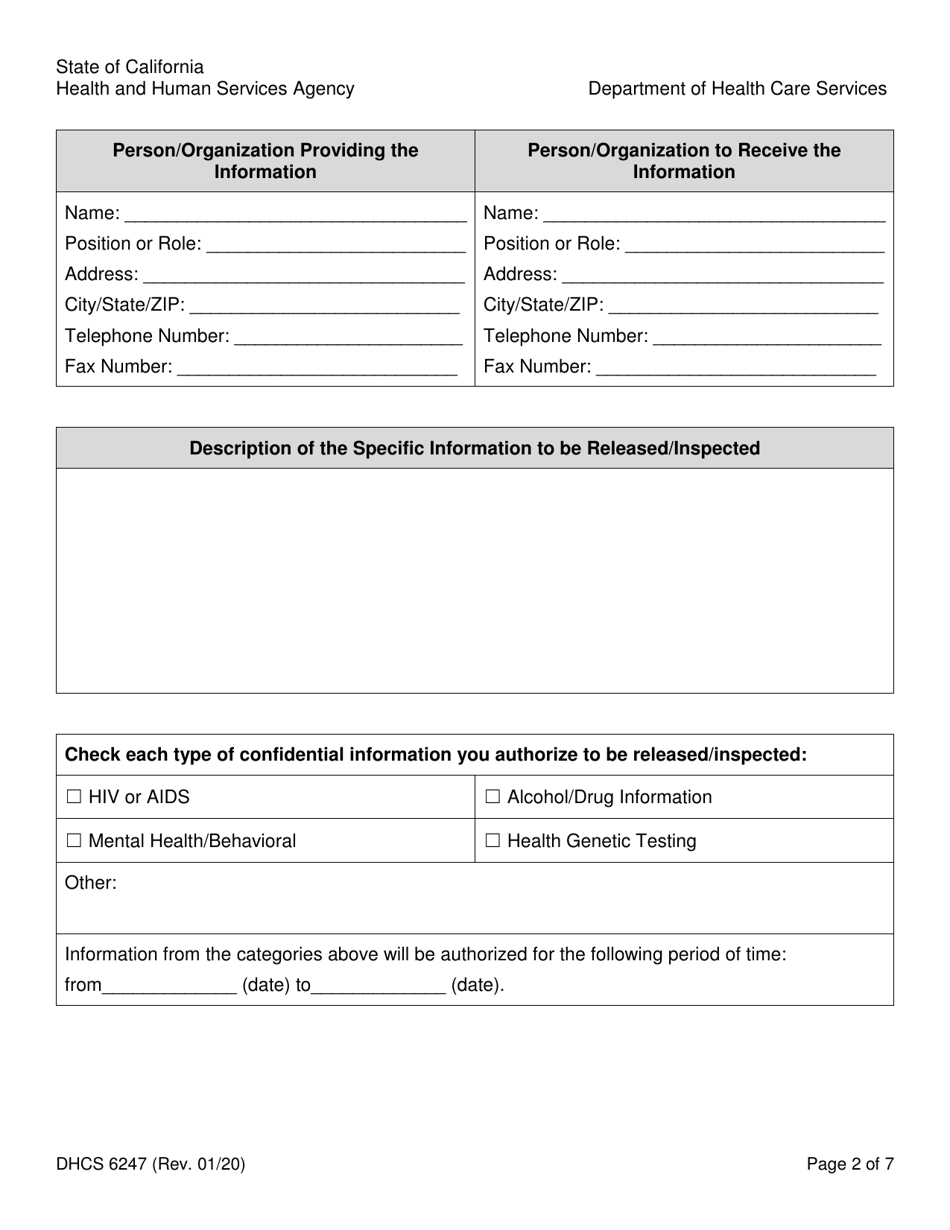 Form DHCS6247 Authorization for Release of Protected Health Information to Third Parties - California, Page 2