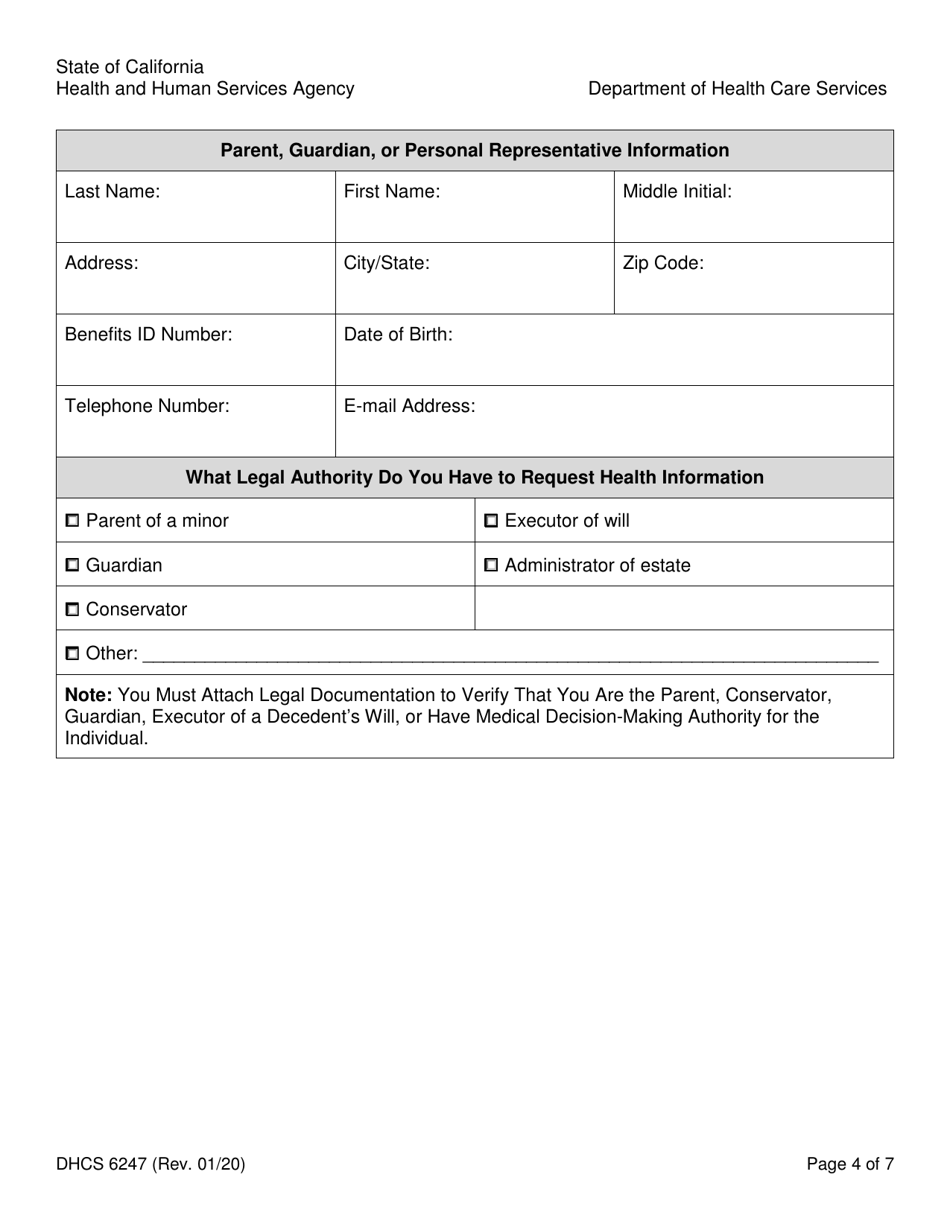 Form DHCS6247 Authorization for Release of Protected Health Information to Third Parties - California, Page 4