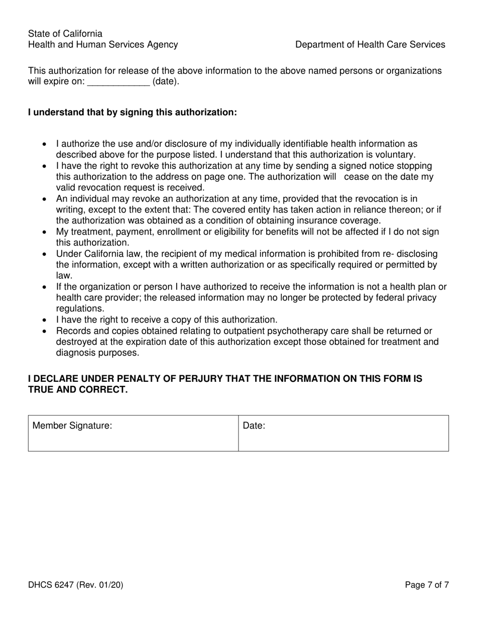 Form DHCS6247 Authorization for Release of Protected Health Information to Third Parties - California, Page 7