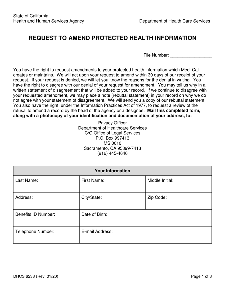 Form DHCS6238 Request to Amend Protected Health Information - California, Page 1