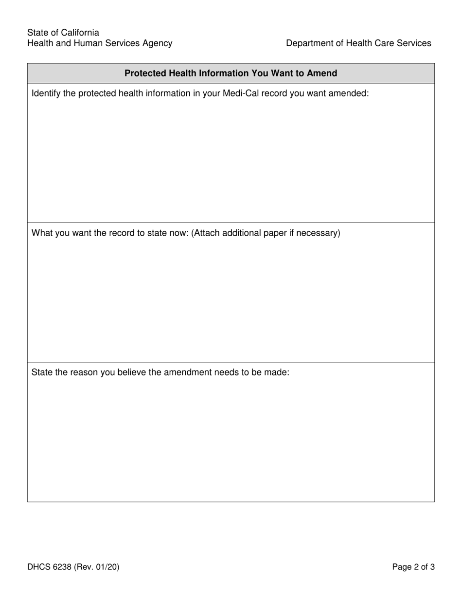 Form DHCS6238 Request to Amend Protected Health Information - California, Page 2