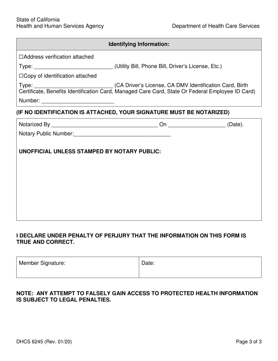 Form DHCS6245 Request for an Accounting of Disclosures of Protected Health Information by Parent, Guardian or Personal Representative - California, Page 3