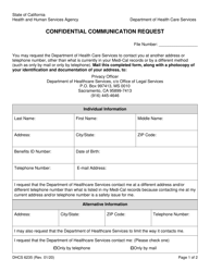 Document preview: Form DHCS6235 Confidential Communication Request - California