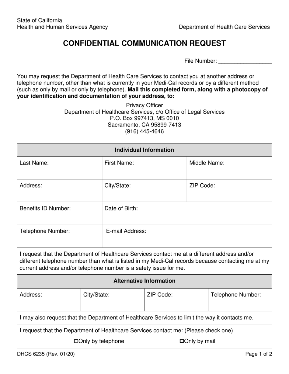 Form DHCS6235 Confidential Communication Request - California, Page 1