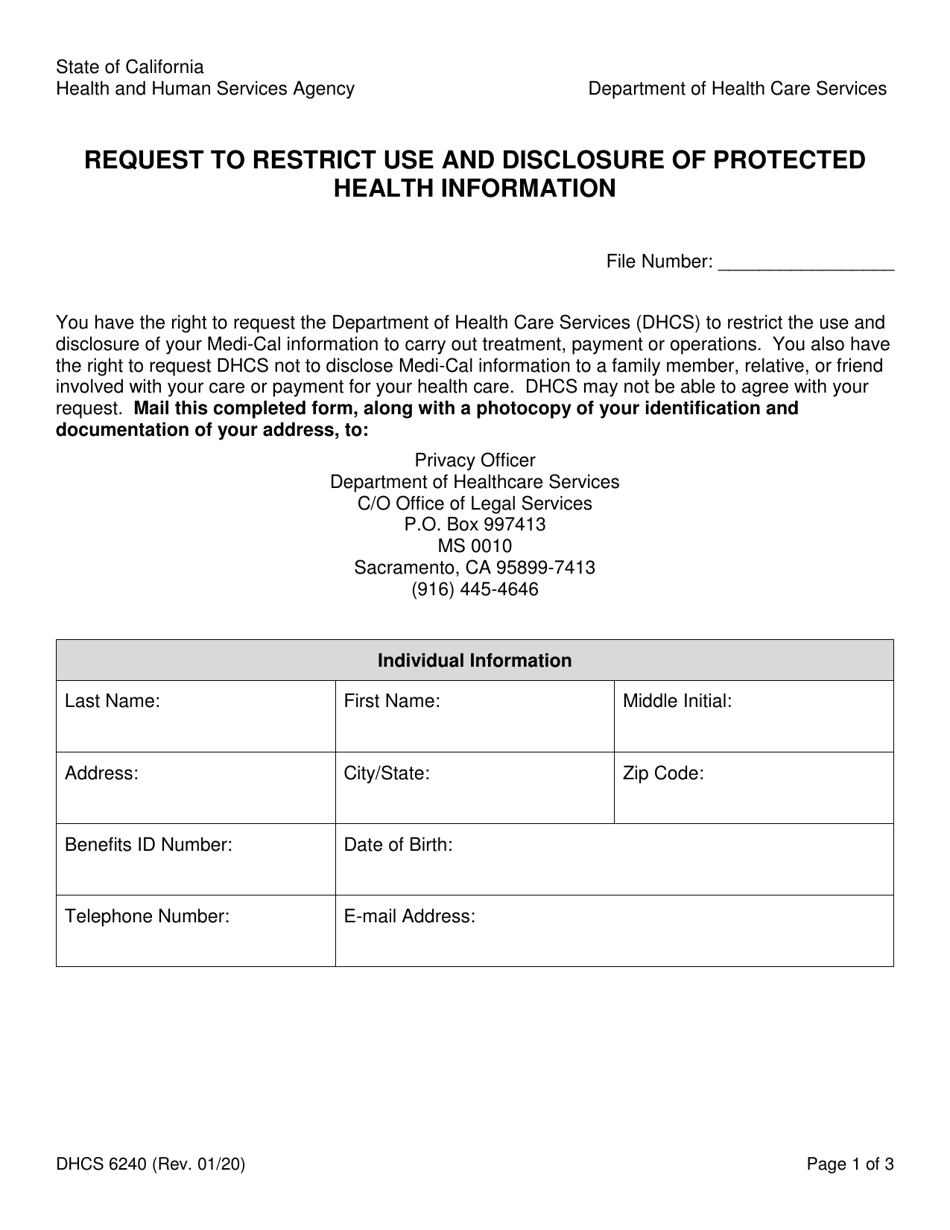 Form DHCS6240 Request to Restrict Use and Disclosure of Protected Health Information - California, Page 1