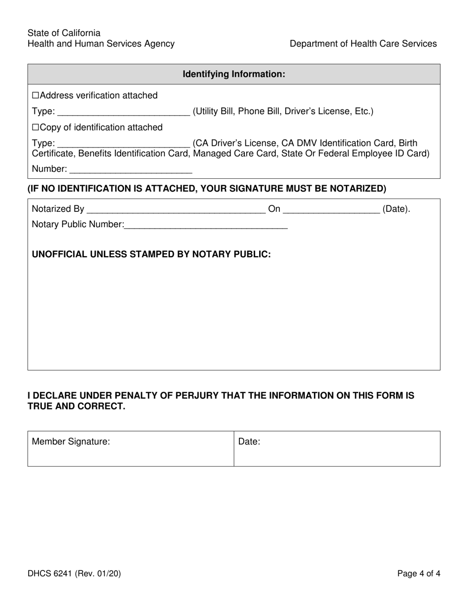 Form DHCS6241 Request to Restrict Use and Disclosure of Protected Health Information by Parent, Guardian or Personal Representative - California, Page 4