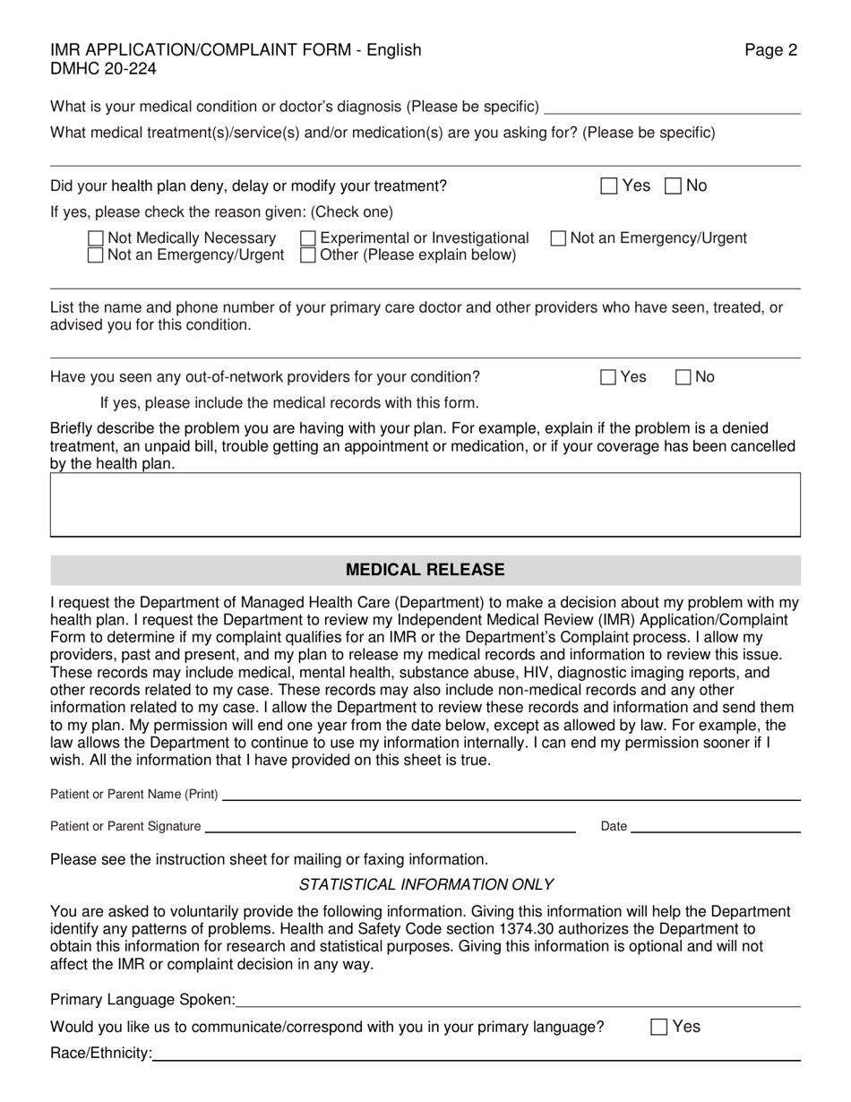 Form DMHC20-224 Independent Medical Review (Imr) Application / Complaint Form - California, Page 2