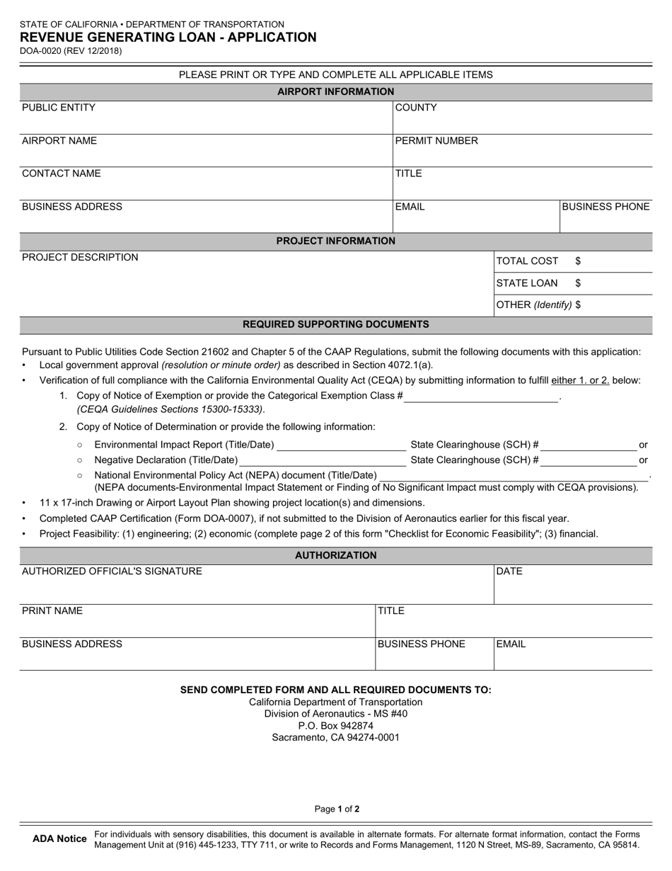Form DOA-0020 Revenue Generating Loan - Application - California, Page 1