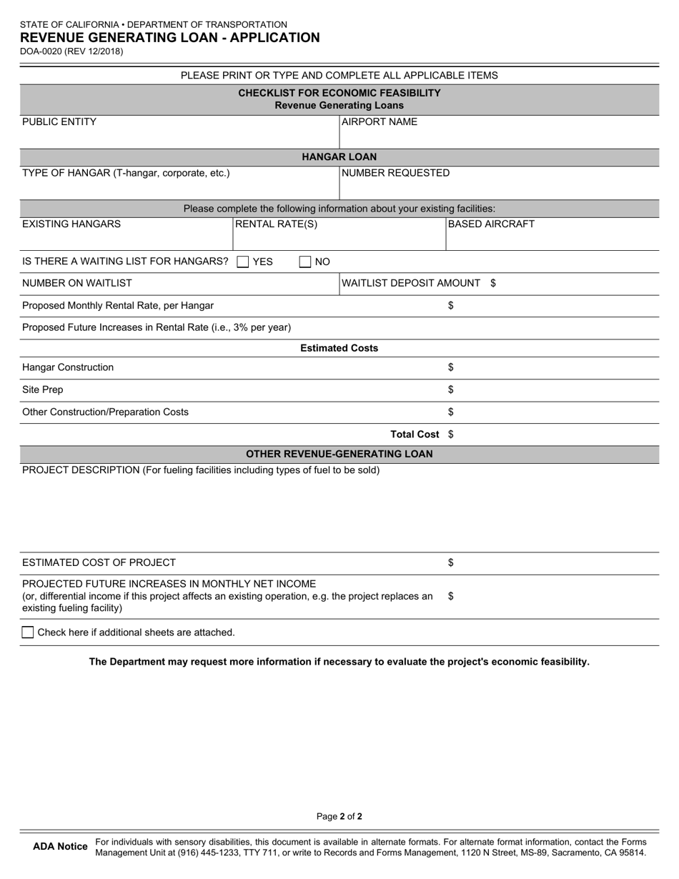 Form DOA-0020 Revenue Generating Loan - Application - California, Page 2