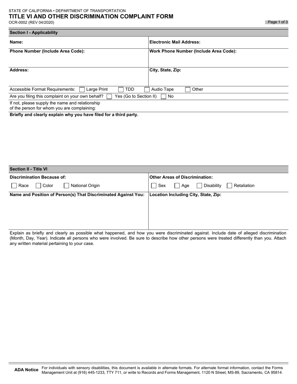 Form OCR-0002 Title VI and Other Discrimination Complaint Form - California, Page 1