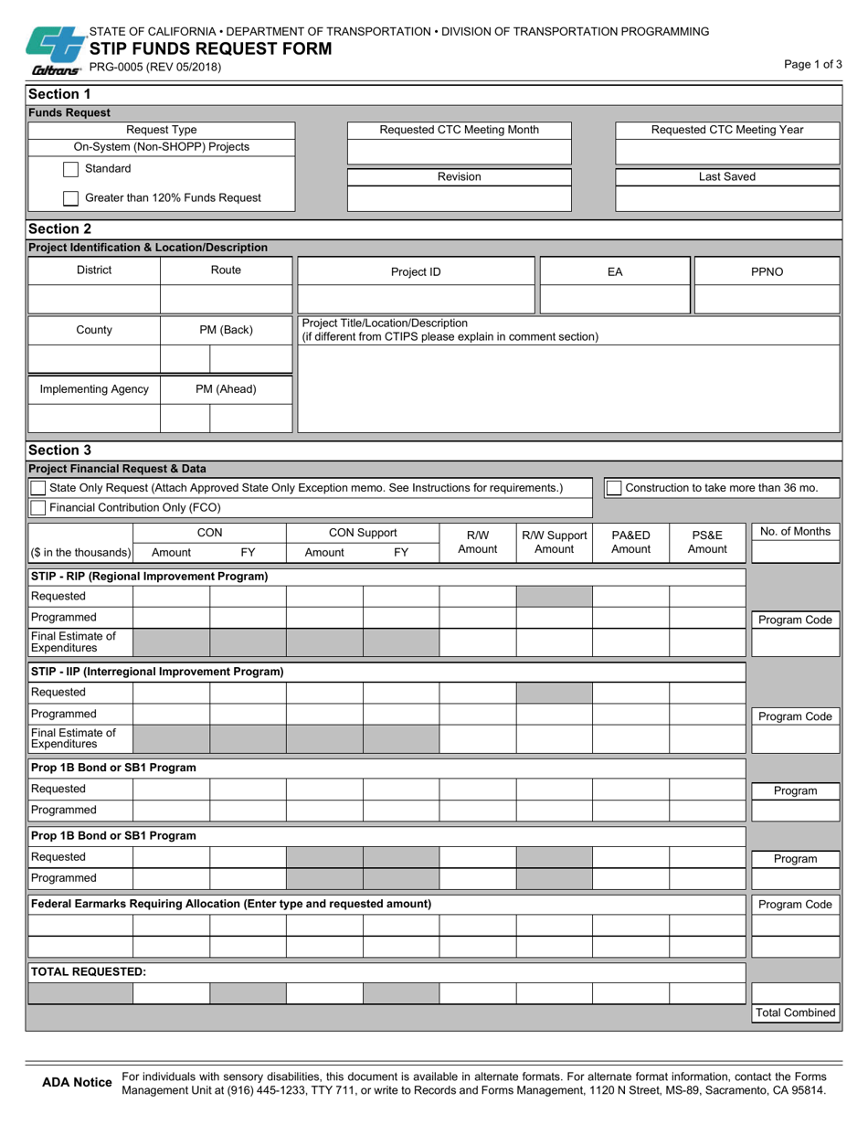 Form PRG-0005 Stip Funds Request Form - California, Page 1
