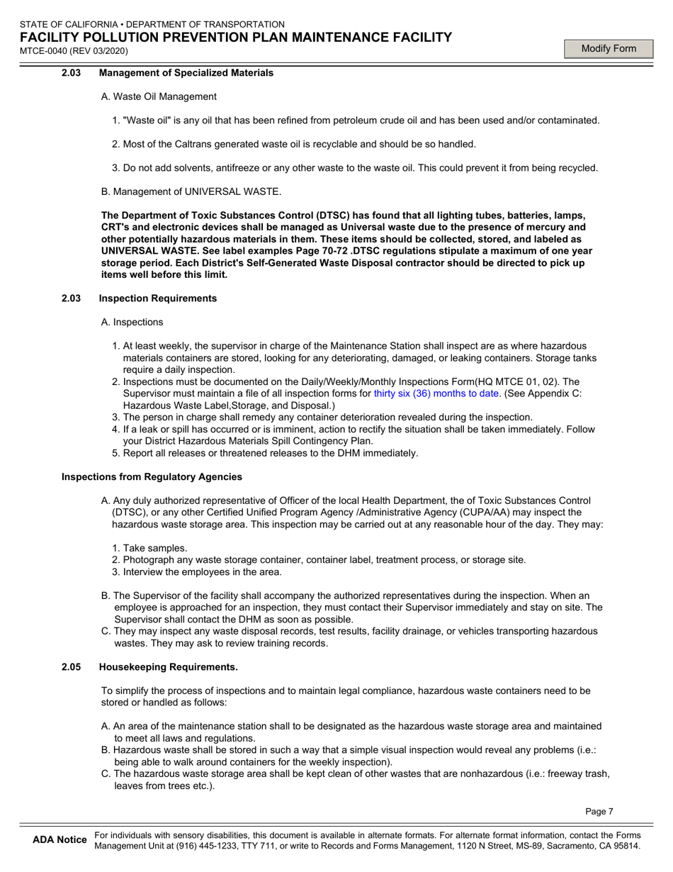 Form MTCE-0040 Facility Pollution Prevention Plan Maintenance Facility - California, Page 11