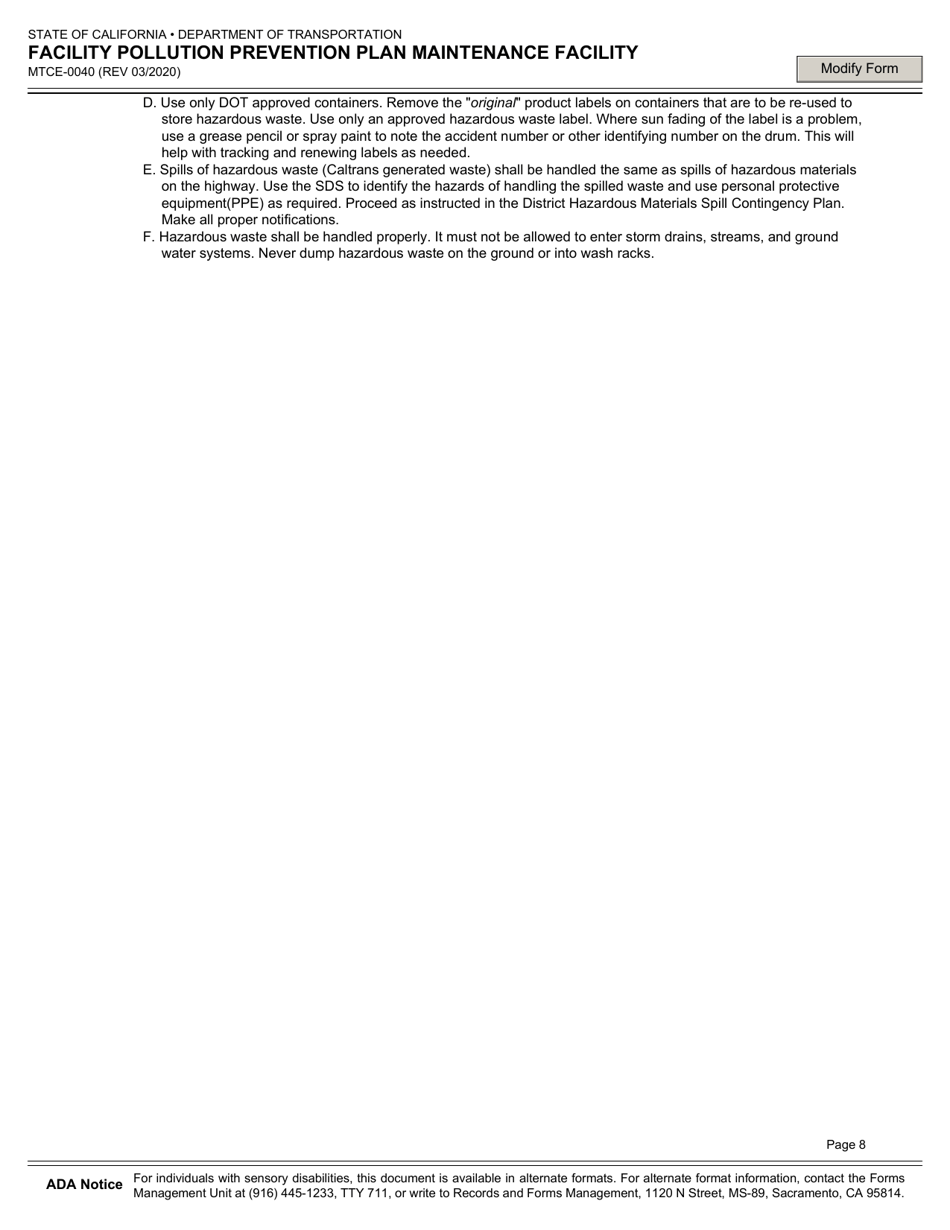 Form MTCE-0040 Facility Pollution Prevention Plan Maintenance Facility - California, Page 12