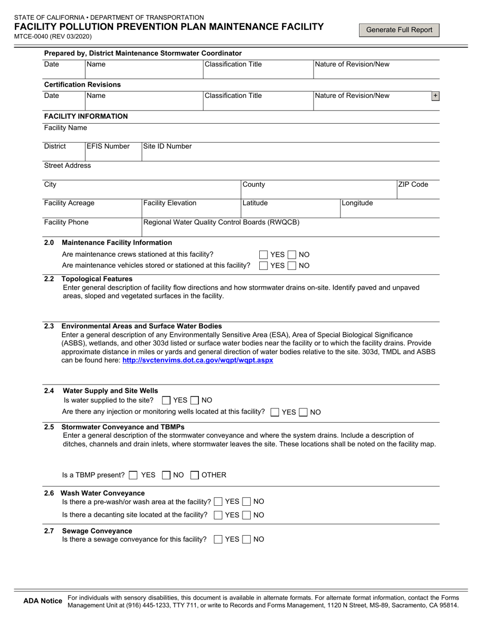 Form MTCE-0040 Facility Pollution Prevention Plan Maintenance Facility - California, Page 1