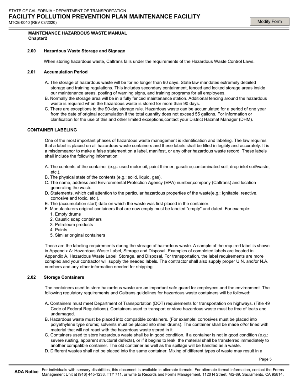 Form MTCE-0040 Facility Pollution Prevention Plan Maintenance Facility - California, Page 9
