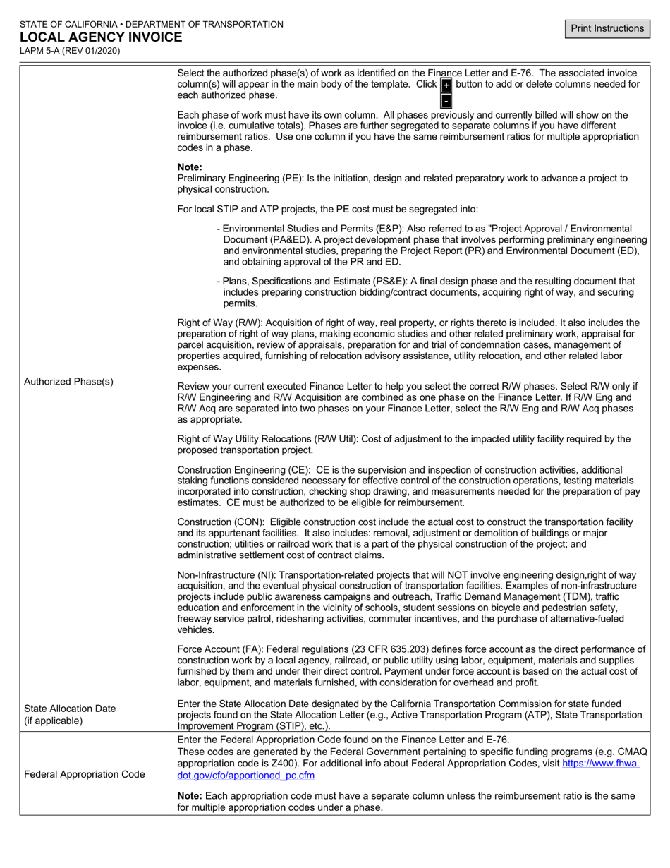Form LAPM5-A Local Agency Invoice - California, Page 6