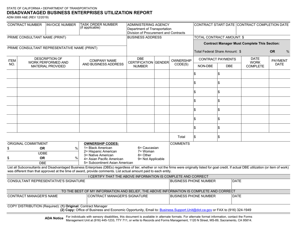 Form ADM-3069AE Disadvantaged Business Enterprises Utilization Report - California, Page 1