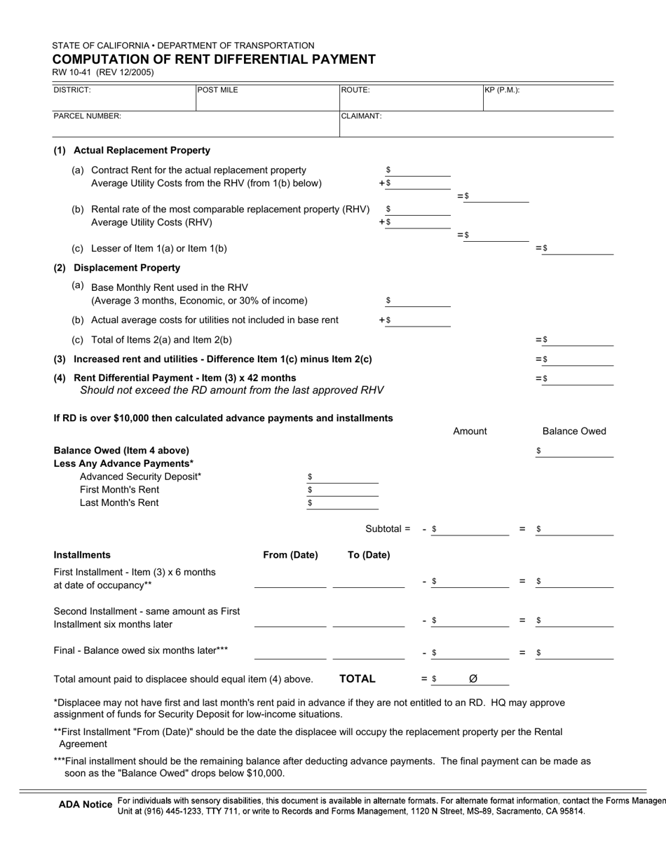 Form RW10-41 Computation of Rent Differential Payment - California, Page 1