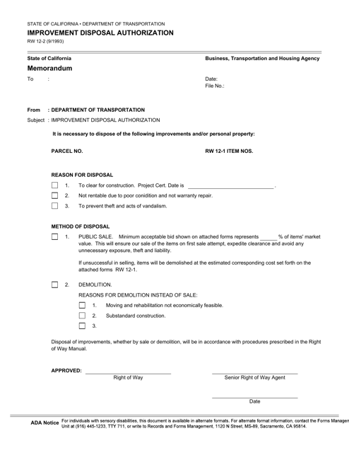 Form RW12-2 Improvement Disposal Authorization - California