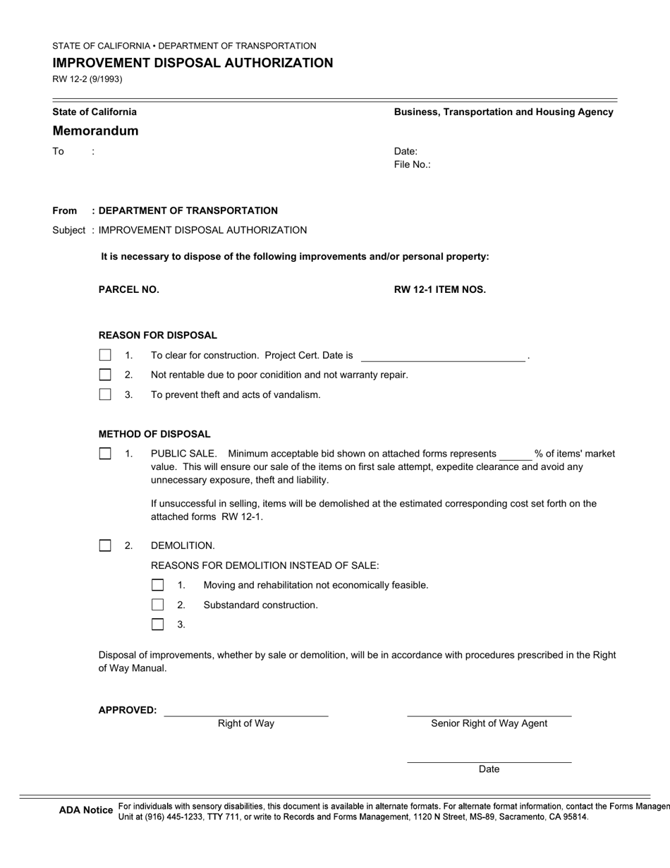 Form RW12-2 Improvement Disposal Authorization - California, Page 1