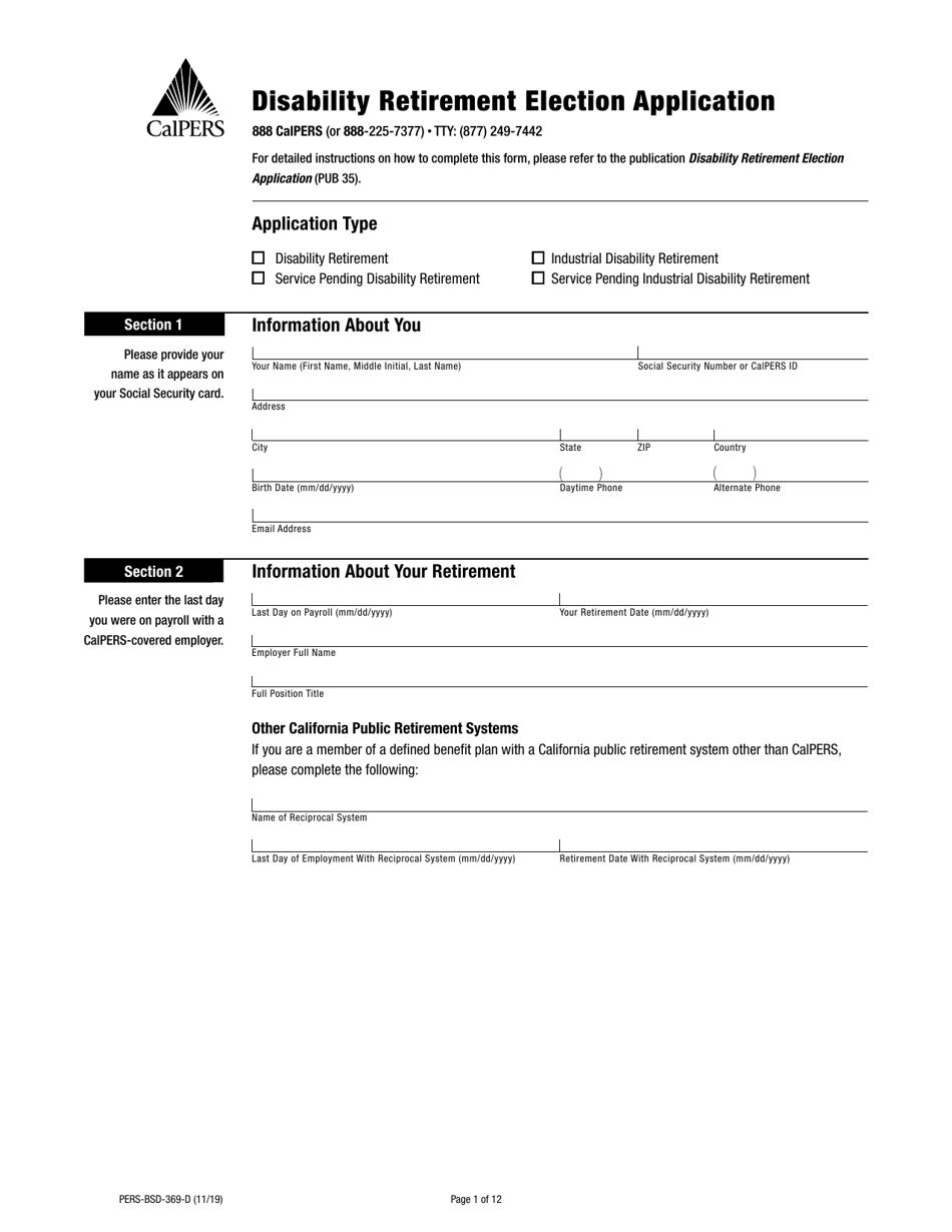 Form PERS-BSD-369-D Disability Retirement Election Application - California, Page 1