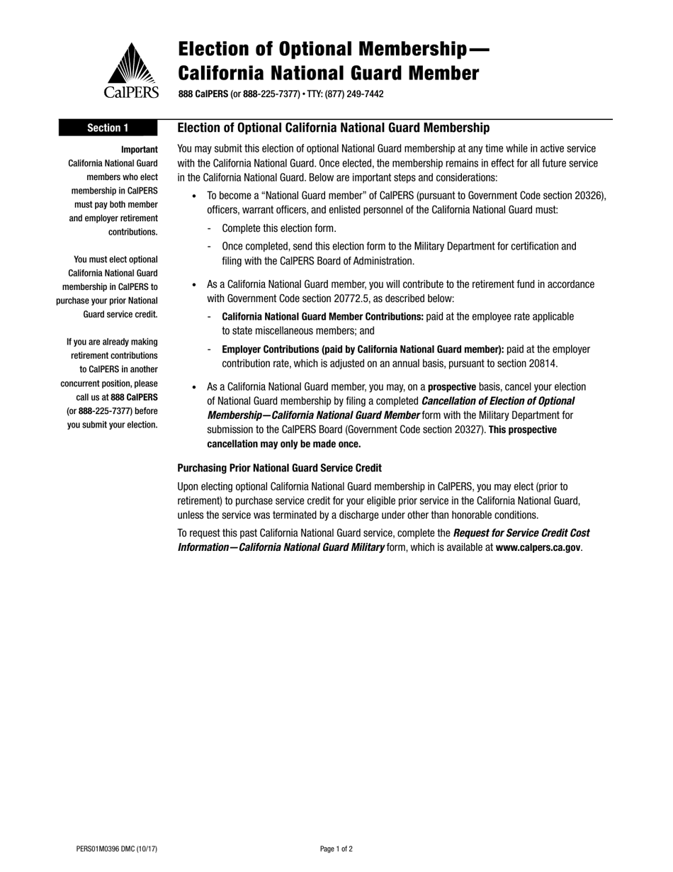 Form PERS01M0396DMC Election of Optional Membership - California National Guard Member - California, Page 1