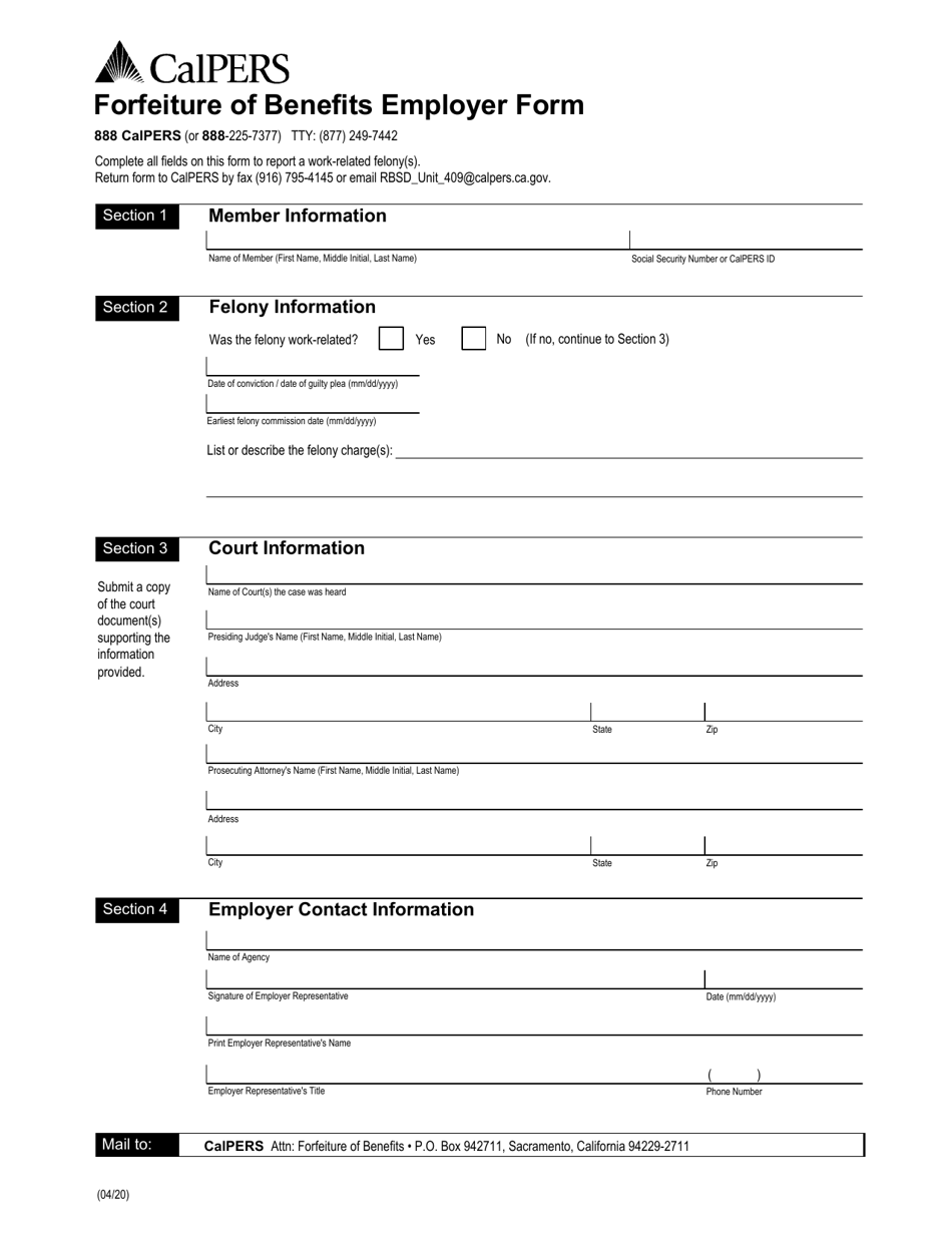 Forfeiture of Benefits Employer Form - California, Page 1