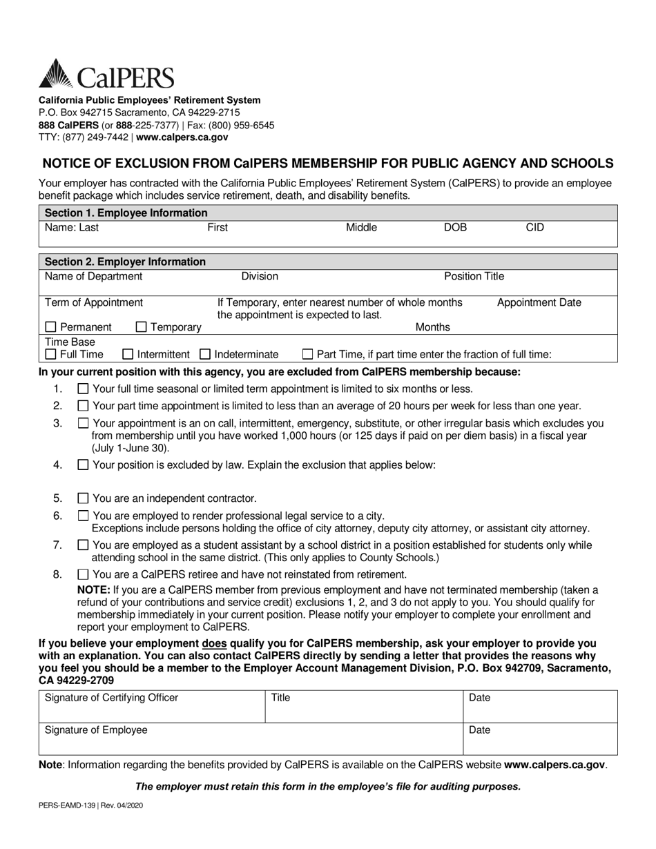 Form PERSEAMD139 Download Fillable PDF or Fill Online Notice of