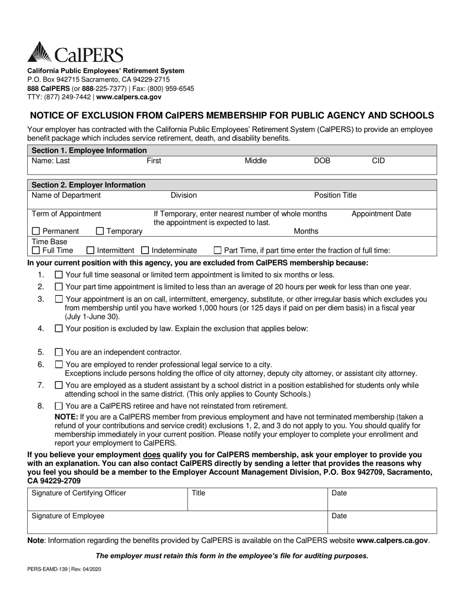 Form PERS-EAMD-139 Notice of Exclusion From CalPERS Membership for Public Agency and Schools - California, Page 1