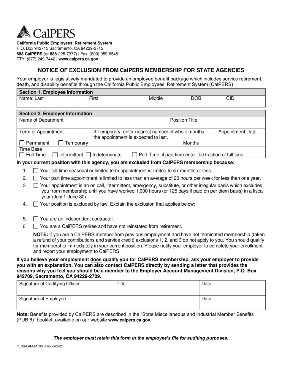 Form PERS-EAMD-139S Notice of Exclusion From CalPERS Membership for State Agencies - California, Page 1