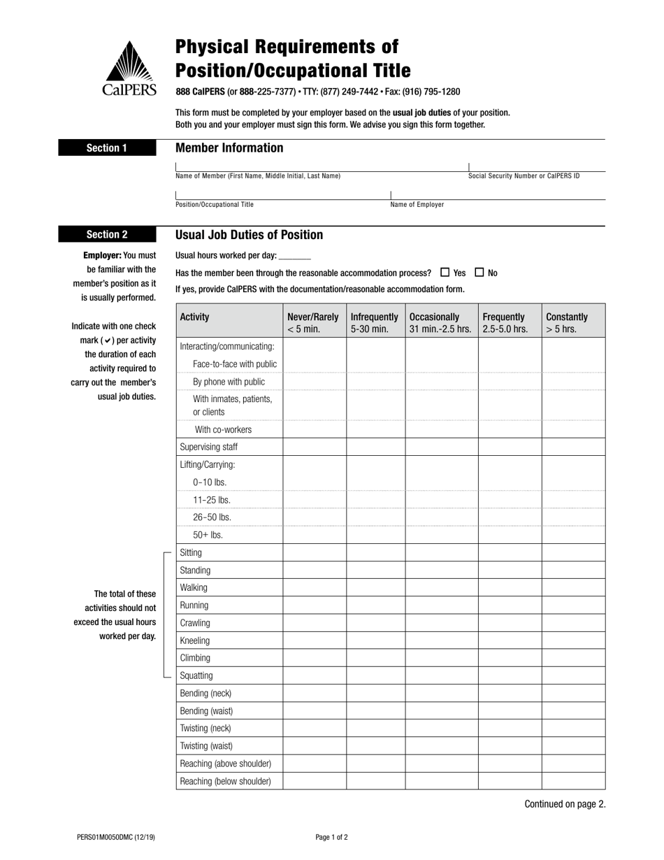Form PERS01M0050DMC Physical Requirements of Position / Occupational Title - California, Page 1