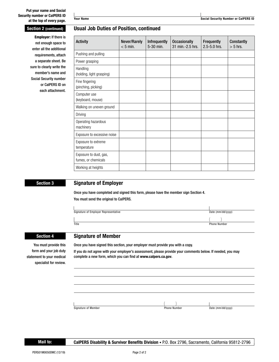 Form PERS01M0050DMC Physical Requirements of Position / Occupational Title - California, Page 2
