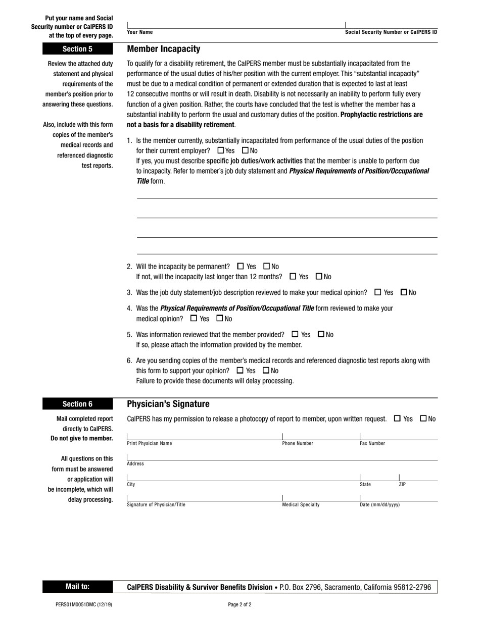 Form PERS01M0051DMC Physicians Report on Disability - California, Page 2
