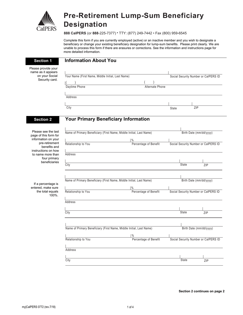 Form my|CalPERS0772 Pre-retirement Lump-Sum Beneficiary Designation - California, Page 1