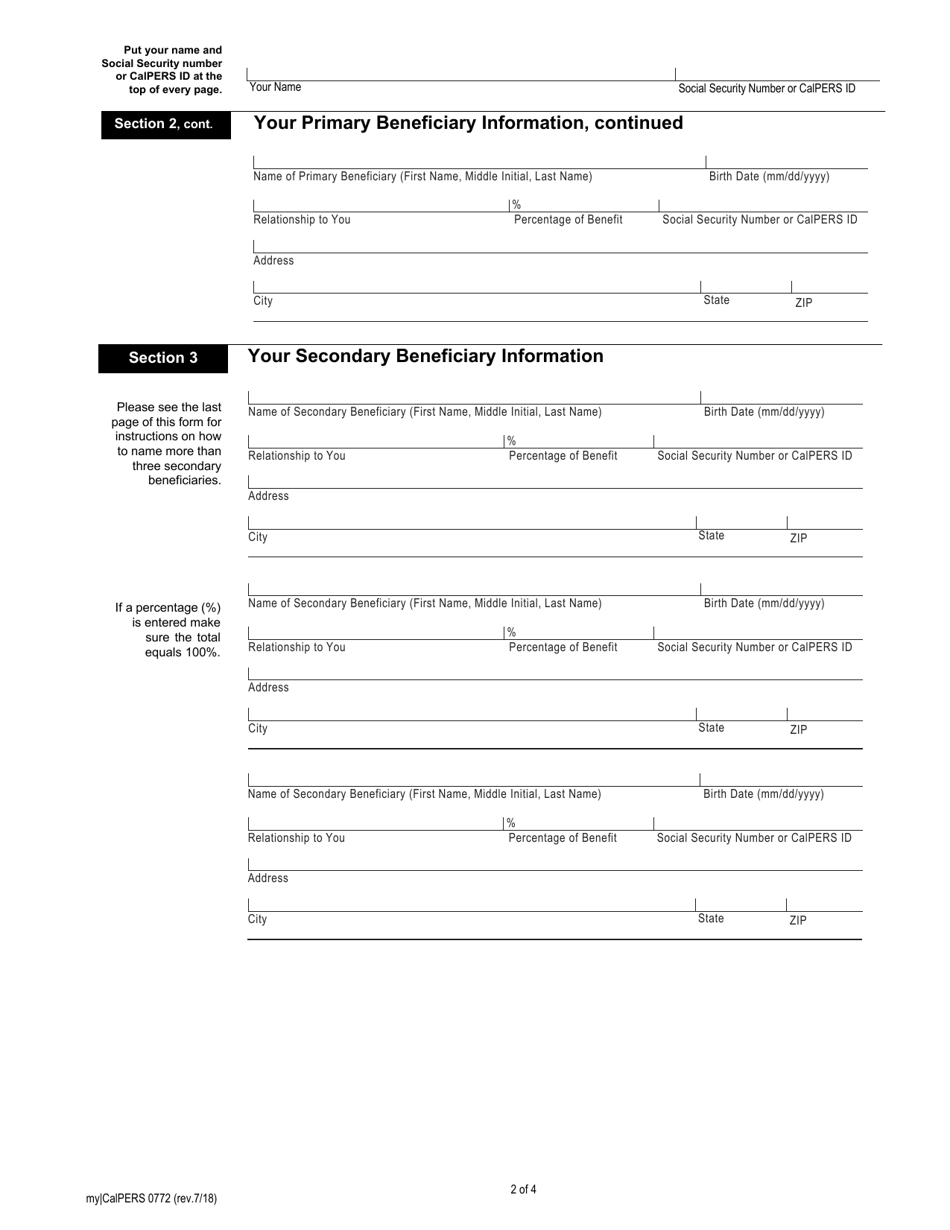 Form my|CalPERS0772 Pre-retirement Lump-Sum Beneficiary Designation - California, Page 2