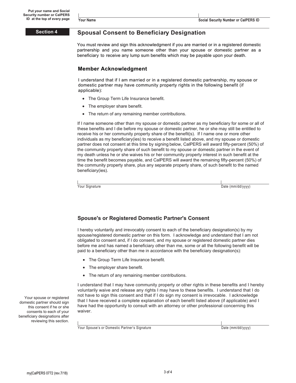 Form my|CalPERS0772 Pre-retirement Lump-Sum Beneficiary Designation - California, Page 3
