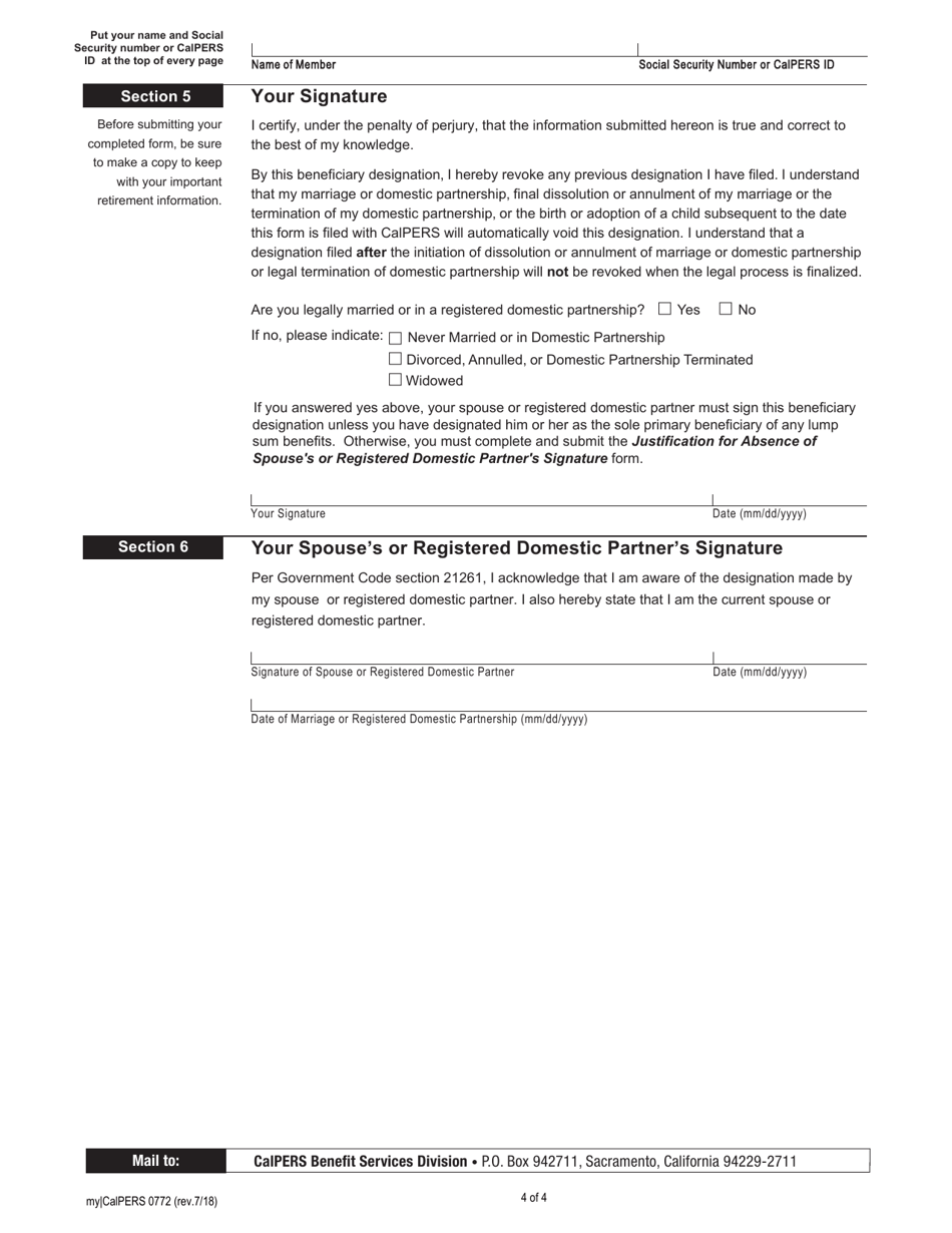 Form my|CalPERS0772 Pre-retirement Lump-Sum Beneficiary Designation - California, Page 4