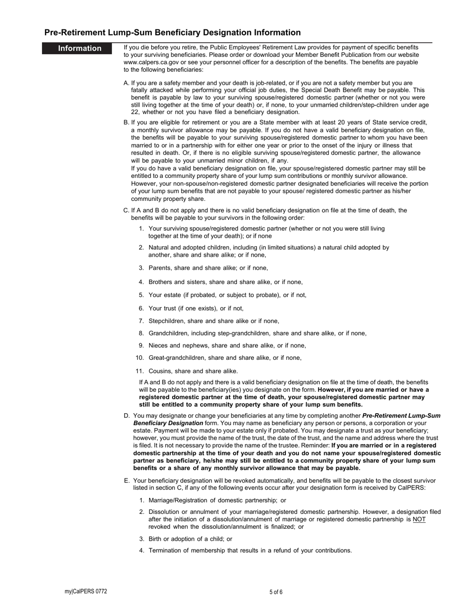 Form my|CalPERS0772 Pre-retirement Lump-Sum Beneficiary Designation - California, Page 5
