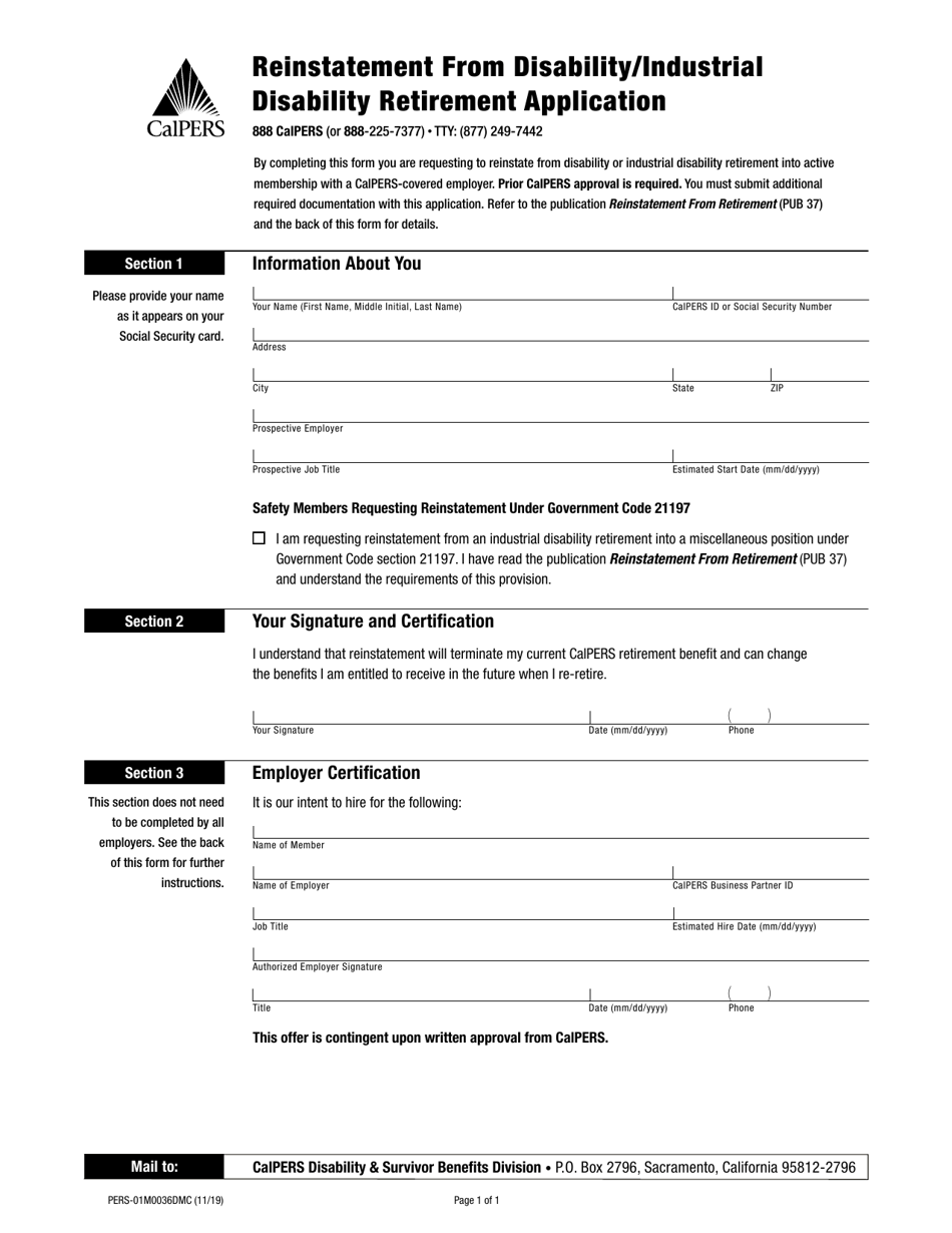 Form PERS-01M0036DMC Reinstatement From Disability / Industrial Disability Retirement Application - California, Page 1
