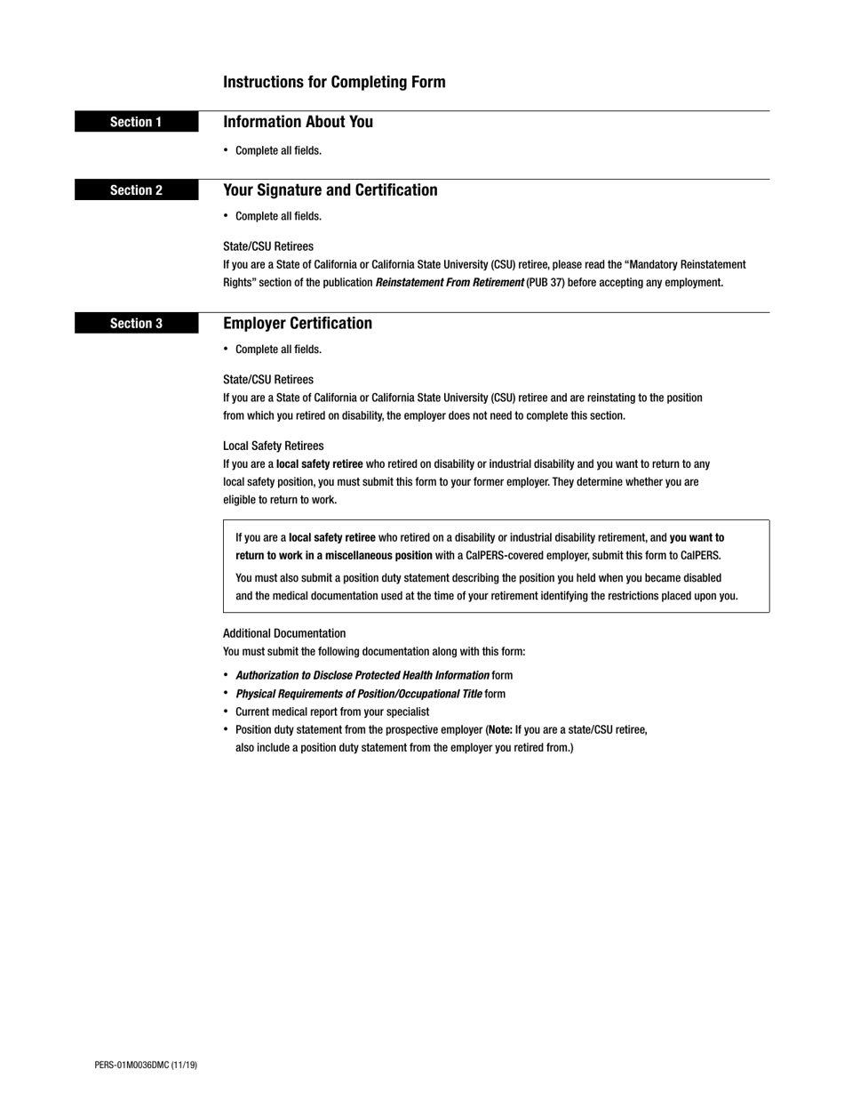 Form PERS-01M0036DMC Reinstatement From Disability / Industrial Disability Retirement Application - California, Page 2