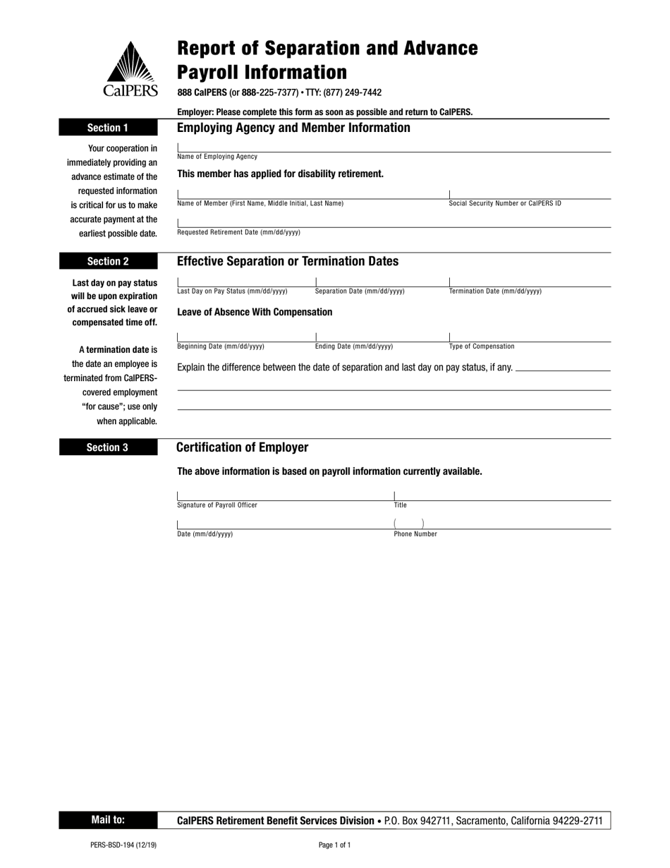 Form PERS-BSD-194 Report of Separation and Advance Payroll Information - California, Page 1