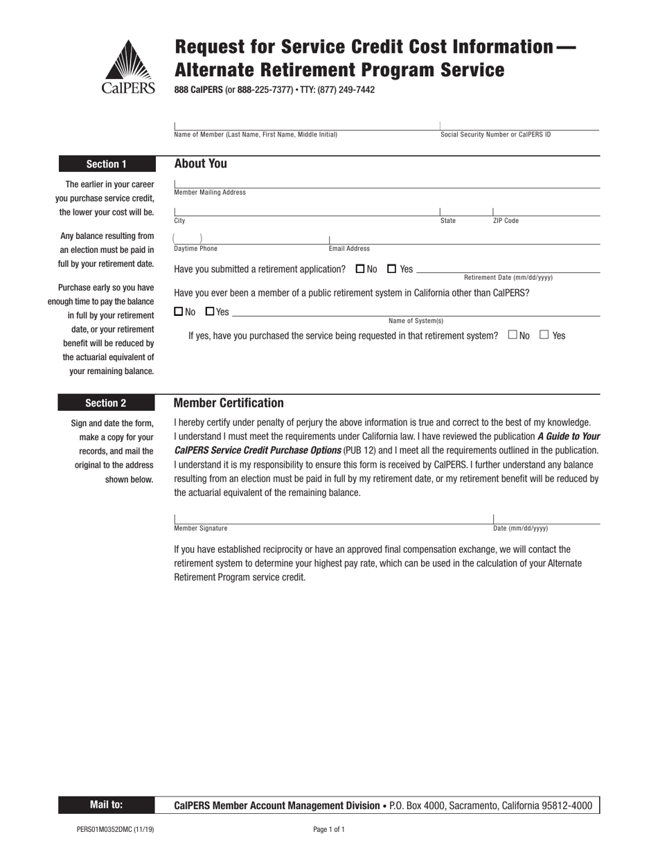 Form PERS01M0352DMC Request for Service Credit Cost Information - Alternate Retirement Program Service - California, Page 1