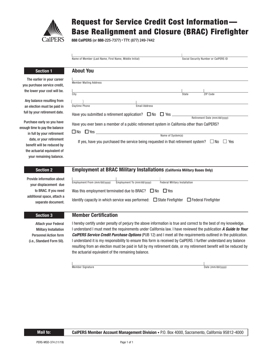 Form PERS-MSD-374 Request for Service Credit Cost Information - Base Realignment and Closure (Brac) Firefighter - California, Page 1