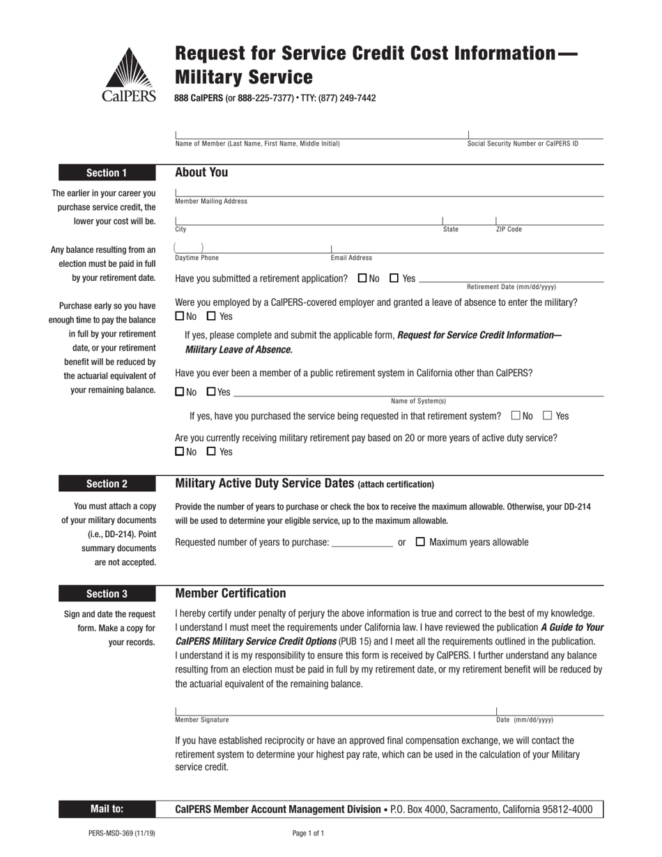 Form PERS-MSD-369 Request for Service Credit Cost Information - Military Service - California, Page 1